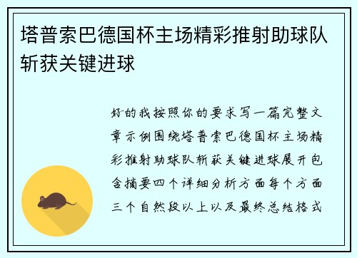 塔普索巴德国杯主场精彩推射助球队斩获关键进球 塔普索巴德国杯主场精彩推射助球队斩获关键进球
